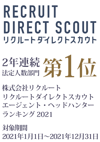 株式会社リクルート RECRUIT DIRECT SCOUT 2021年度エージェントヘッドハンターランキング 決定人数部門第1位