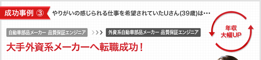 成功事例 ③ やりがいの感じられる仕事を希望されていたUさん(39歳)は･･･ 大手外資系メーカーへ転職成功！ 