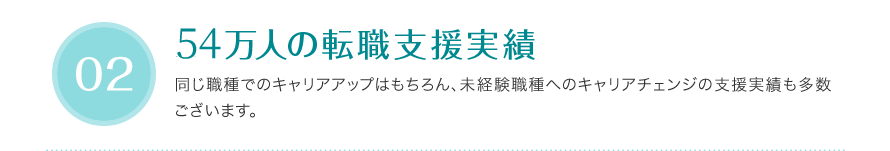 54万人の転職支援実績 - 同じ職種でのキャリアアップはもちろん、未経験職種へのキャリアチェンジの支援実績も多数ございます。