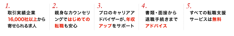 1.取引実績企業16,000社以上から寄せられる求人 2.親身なカウンセリングではじめての転職も安心 3.プロのキャリアアドバイザーが、年収アップをサポート 4.書類・面接から 退職手続きまでアドバイス 5.すべての転職支援サービスは無料